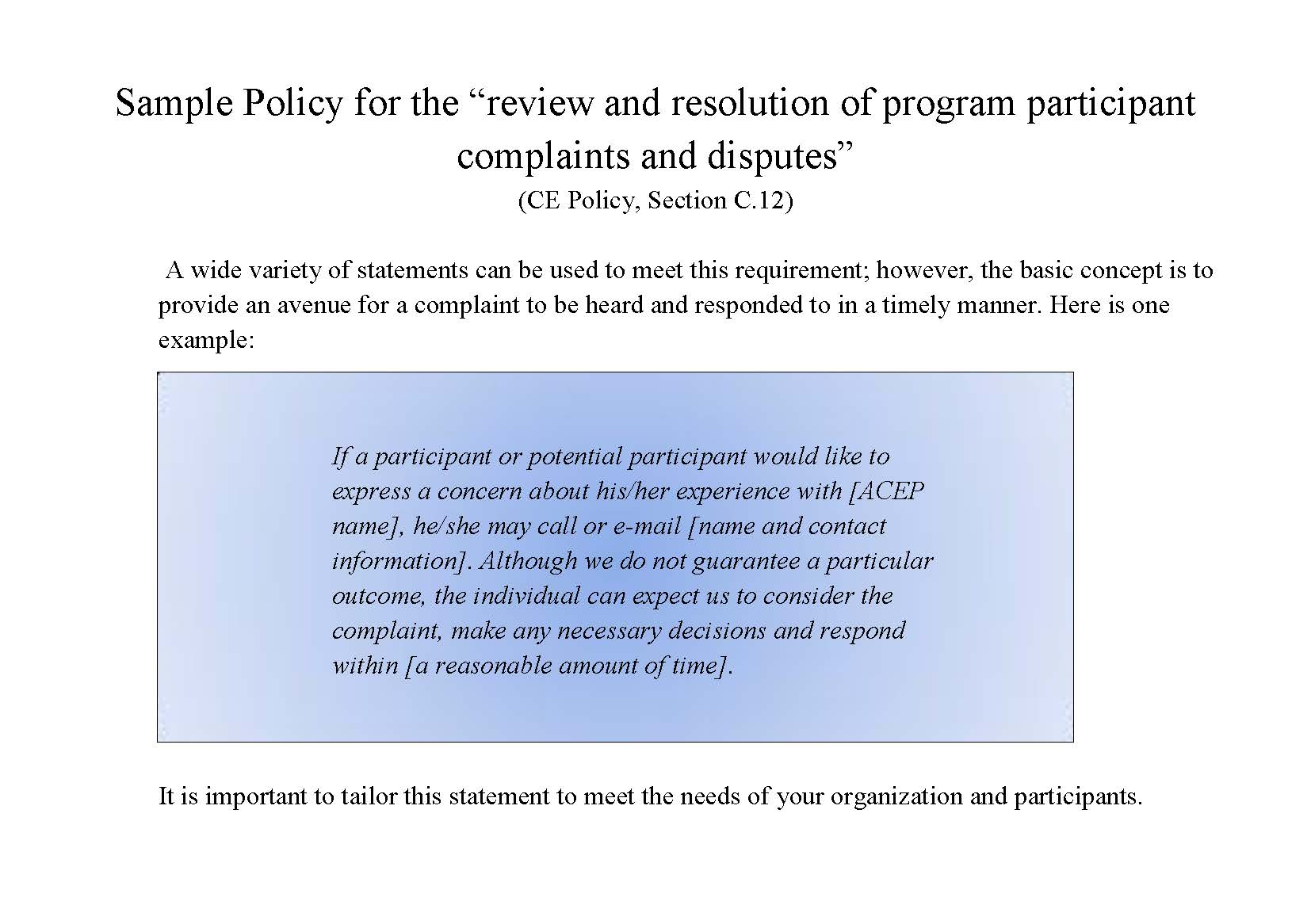 Policy for Complaints